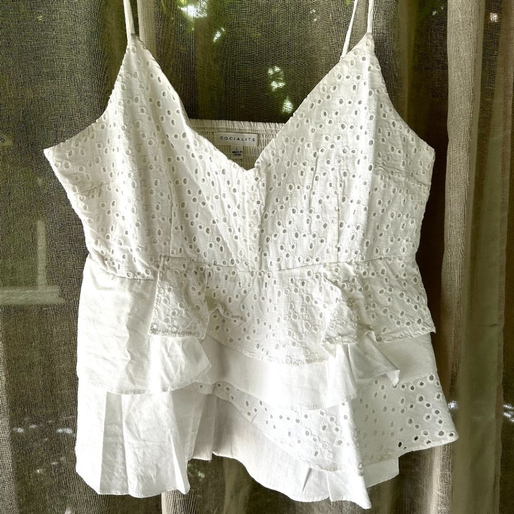 White Socialite Lacy Tank Top with Smocking in Back Size L never worn